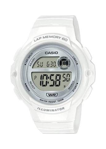 CASIO DIGITAL 60 LAP MEMORY SILVER/WHITE RESIN BAND LWS1200H-7A1