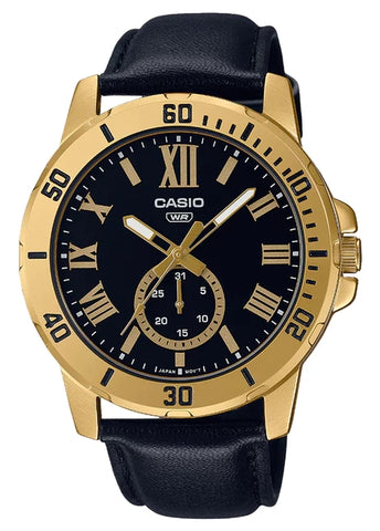 CASIO GENTS ANALOGUE BLACK DIAL ROMAN NUMERAL BLACK LEATHER MTPVD200GL-1B