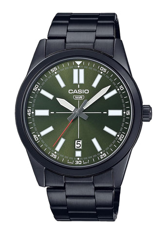 CASIO ANALOGUE GREEN DIAL BLACK ION PLATED BRACELET MTPVD02B-3E