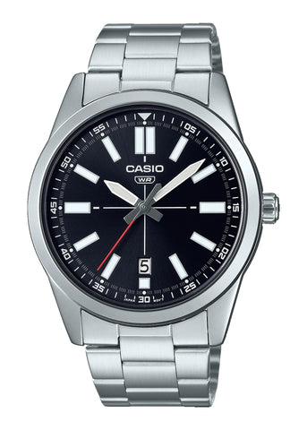 CASIO ANALOGUE BLACK DIAL STAINLESS STEEL BRACELET MTPVD02D-1E