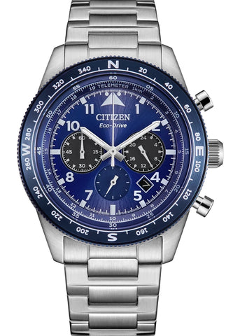 CITIZEN GENTS ECO DRIVE CHRONOGRAPH BLUE DIAL STAINLESS CA4554-84L
