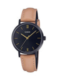CASIO LADIES ANALOGUE BLACK DIAL BEIGE LEATHER BAND LTPVT02BL-1A