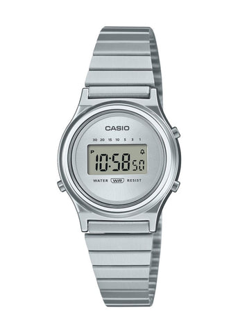 CASIO DIGITAL PETITE ROUND CASE SILVER DIAL STAINLESS BAND LA700WE-7A
