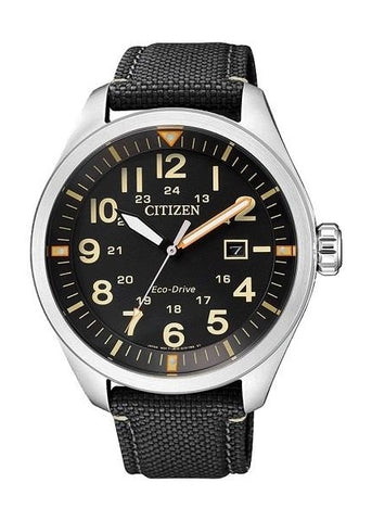 CITIZEN GENTS ECO-DRIVE BLACK DIAL BLACK FABRIC BAND AW5000-24E