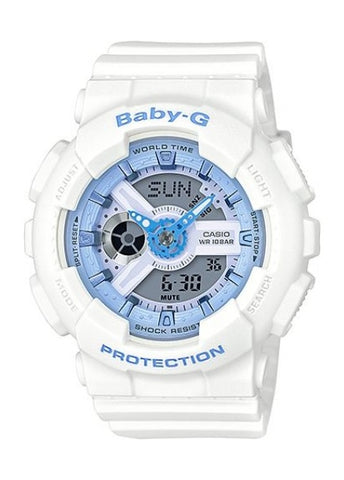 CASIO BABY-G ANALOGUE / DIGITAL BLUE DIAL WHITE RESIN BAND BA110XBE-7A