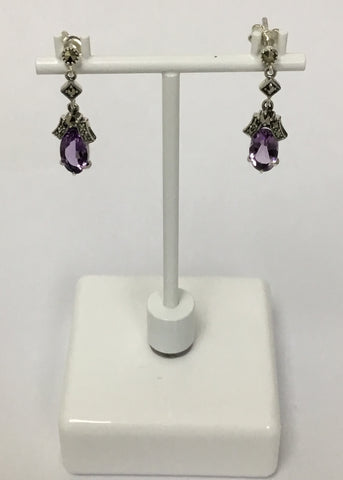 MARCASITE STERLING SILVER ANTIQUE OVAL AMETHYST DROP EARRING 43-258AM