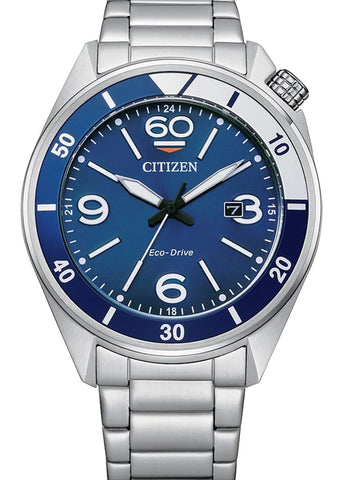 CITIZEN GENTS ECO-DRIVE AVIATOR STYLE BLUE DIAL STAINLESS AW1711-87L