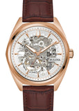 BULOVA GENTS CLASSIC AUTOMATIC ROSE SKELETON BROWN LEATHER 97A175