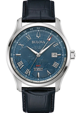 BULOVA GENTS CLASSIC AUTOMATIC GMT BLUE DIAL BLACK LEATHER 96B385